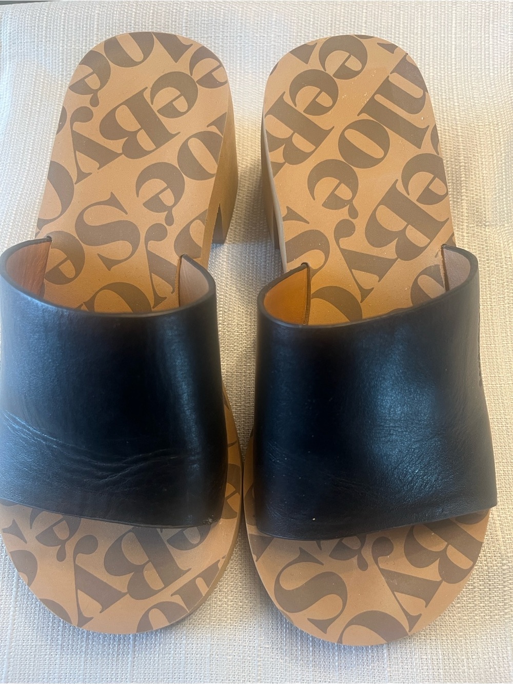 See by Chloe Black Leather Slide Sandals with Printed Footbed